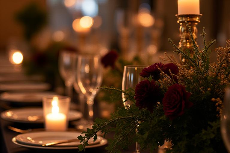 Dettaglio di un centrotavola per un evento serale.