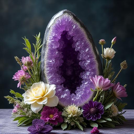 Composizione floreale con un grande geode di ametista.