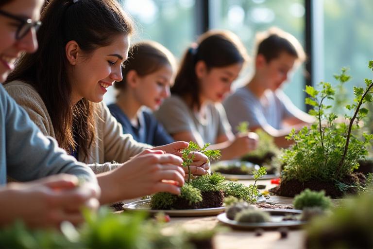 Persone che partecipano a un laboratorio di terrarium.